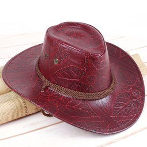 Faux Leather‎ Mens Cowboy Hat, Red with Strap, Rope - Western Wide Brim